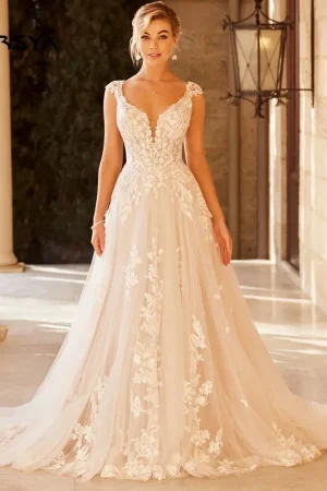 RODDRSYA Elegant Wedding Dress For Women V-Neck Cap Sleeve Lace Appliques Vestido De Noiva With Button Sweep Train Custom Made