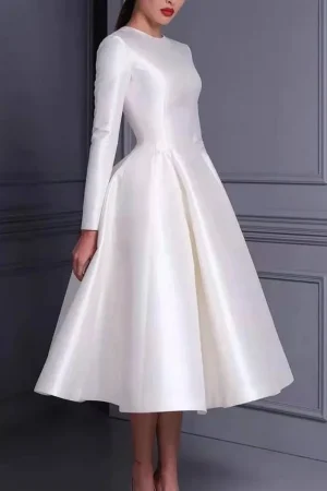 Wedding Dresses Tea Length O-Neck Taffeta with Pockets A-Line White Zipper Back Bridal Gowns for Women Real Photos Customized