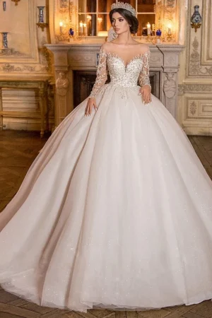 Customized Exquisite Wedding Dress Sheer Scoop Neck Lace Beaded Applique Illusion Long Sleeve Bride Dresses Vestidos De Noiva
