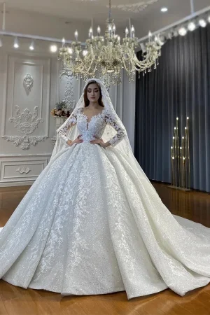 Customized Ball Gowns Wedding Applique Lace Bridal Dress Shiny Sweep Train Long Sleeves Vestido de novia