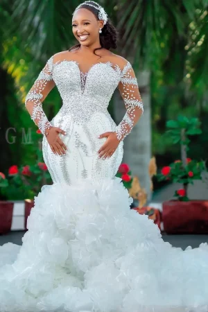 African Wedding Dress 2025 Luxury Mermaid Crystal Beaded Illusion Sleeve Ruffles Train High Quality Bridal Gown Customized