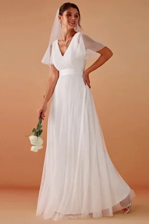 MisShow Elegant Wedding Dresses Ivory White Sexy V-Neck Backless Sheer Short Sleeve Bridal Gowns A-Line Maxi Womens Party Dress