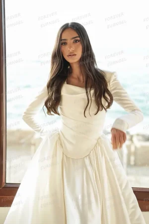 Simple Formal Wedding Dresses Woman A Line Bride Gowns Long Sleeve Satin Boat Neck Customized Elegant Vestidos De Novia 2025