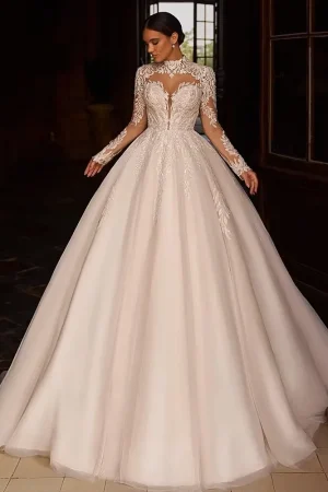 Elegant V-Neck Women Wedding Dresses Lace Long Sleeves Tulle customizedA-Line Bridal Gowns Engagement Banquet Vestidos De Novias