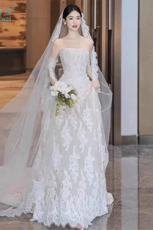 Elegant Lace A-Line Wedding Dress Strapless Lace Bridal Gowns Wedding Dress Photo Shoot Customized Gift A Pair of Gloves