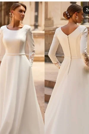 2025 Women Wedding Dress Customize To Measures Long Sleeves Buttons Elegant Robe De Marie Stunning With Pocket Lace Appliqués