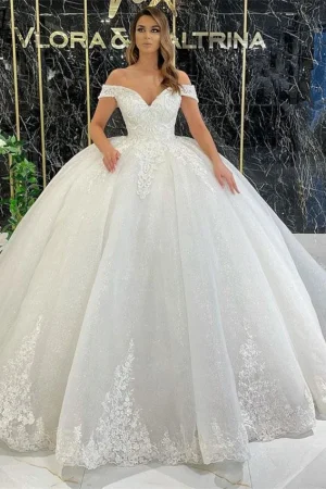 Customized Elegant Off The Shoulder Wedding Dress For Women Lace Applique Glitter Tulle Bridal Gown V Neck A-line Robe De Mariée